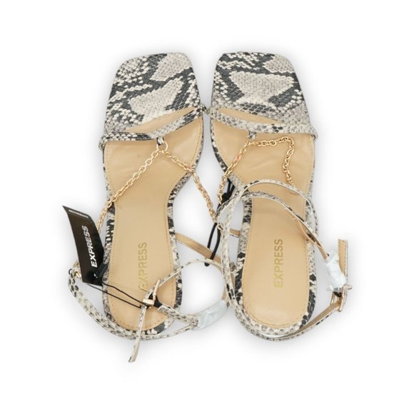 NWT $88‎ Express Faux Snake Skin Heels Straps Wrap Around Ankle Cream Black Sz 8 - Picture 8 of 10